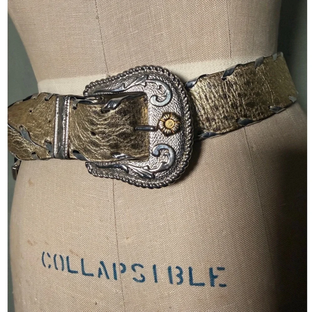 Vintage Western Gold Metallic Leather Belt Silver Whipstitch Floral Buckle 1094